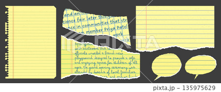 Yellow torn notebook paper scraps. Elements of lined paper with uneven, jagged edges. Perfect for collage, digital scrapbooking. Retro grunge style. Yellow torn notebook paper scraps. Elements of lined paper with uneven, jagged edges. Perfect for collage, digital scrapbooking. Retro grunge style. 135975629