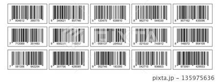 Set of bar code labels with numbers. Collection of rectangular retail barcode tags for product packaging and inventory. Set of bar code labels with numbers. Collection of rectangular retail barcode tags for product packaging and inventory. 135975636