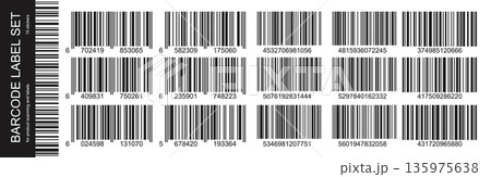 Realistic black barcode stickers with thick and thin lines. Ean symbol on price tag or product identification and scanning. Realistic black barcode stickers with thick and thin lines. Ean symbol on price tag or product identification and scanning. 135975638
