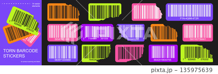 Torn bar code stickers set with colorful labels. Vector barcode tags with ripped edges for product scanning and packaging. Torn bar code stickers set with colorful labels. Vector barcode tags with ripped edges for product scanning and packaging. 135975639