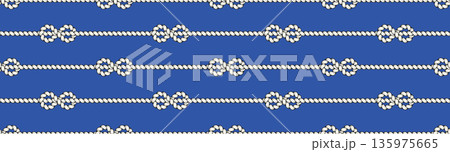 Nautical rope stripe pattern. Braided cord lines with knot ties on blue bg. Vintage sailor or pirate ornament. 135975665