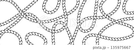 Hand drawn rope brush pattern. Twisted cord shapes with nautical knots and loops. 135975667