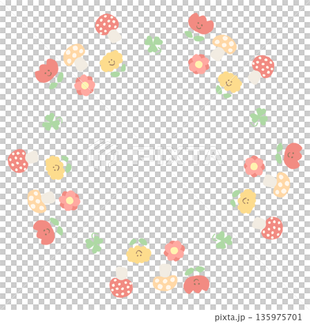 適用於托兒機構網站的簡單易用的通用插圖剪貼系列 | 適合兒童的簡易花環，帶有鮮花和蝴蝶圖案 135975701