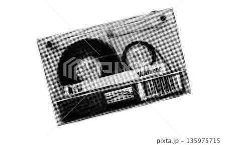 Halftone audio cassette. Vintage dotted texture. Trendy 90s collage style design element. Halftone audio cassette. Vintage dotted texture. Trendy 90s collage style design element. 135975715