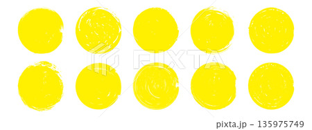 Brush stroke sun rough set. Hand drawn yellow round stamps. Abstract grunge design. Brush stroke sun rough set. Hand drawn yellow round stamps. Abstract grunge design. 135975749
