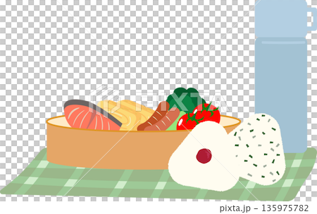 午餐套餐示意圖（便當盒、飯糰和水瓶） 135975782