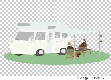 キャンピングカーのサイドオーニングの下で寛ぐ男女のイラスト 135975787