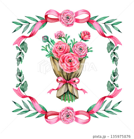 Watercolor hand-drawn bouquet of pink ranunculus flowers wrapped in craft paper with a pink ribbon bow, enclosed in a circular floral wreath of roses and green eucalyptus leaves. Romantic botanical 135975876