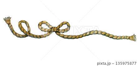 Single watercolor illustration of a thick twisted rope with a dynamic curve. Hand-painted nautical element, symbolizing adventure, strength, and traditional maritime journeys. 135975877
