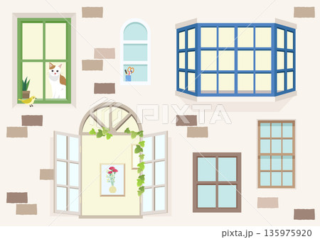 おしゃれな窓のバリエーションと外壁のイラストセット 出窓 アーチ窓 猫のいる風景のベクター素材 135975920