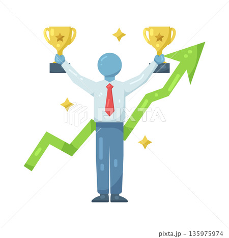 Illustration of Successful Businessman Holding Two Trophies Illustration of Successful Businessman Holding Two Trophies 135975974