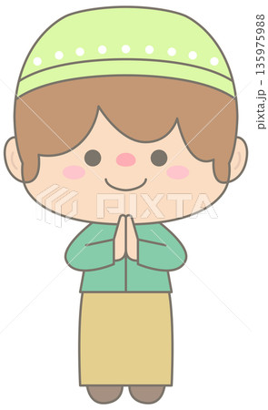 Cute Muslim Boy Praying Dua for Ramadan and Eid Mubarak Celebration 135975988