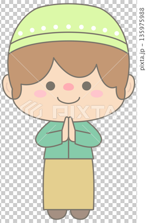 Cute Muslim Boy Praying Dua for Ramadan and Eid Mubarak Celebration 135975988