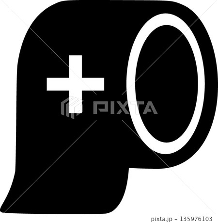 Black and White Medical Adhesive Tape Roll Icon with Plus Symbol Representing First Aid Supplies Hospital Equipment Surgery and Healthcare Essentials 135976103