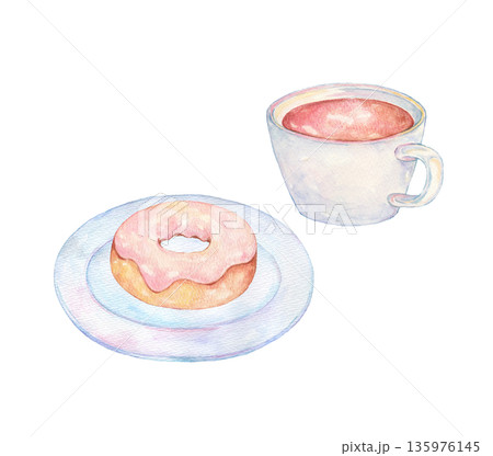 水彩で描いたドーナツとコーヒー 水彩で描いたドーナツとコーヒー 135976145