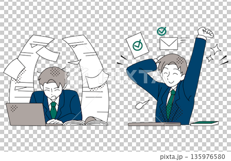 Illustration of a businessman who completes his work and feels a sense of accomplishment Illustration of a businessman who completes his work and feels a sense of accomplishment 135976580