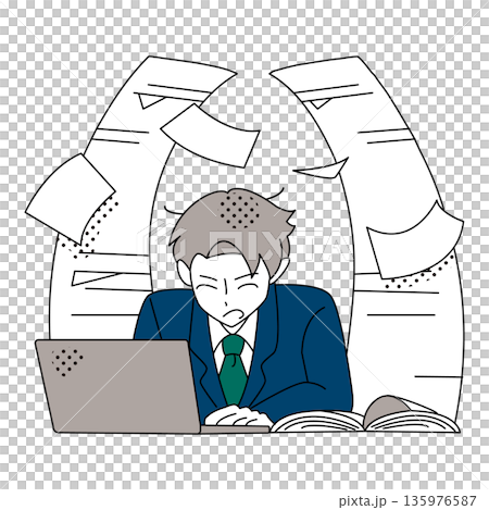 Illustration of a busy businessman overwhelmed with paperwork and work Illustration of a busy businessman overwhelmed with paperwork and work 135976587
