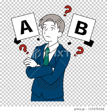 AとBの間で判断に迷うビジネスマンのイラスト 135976588