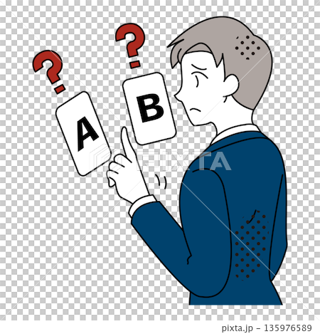 Illustration of a businessman trying to decide between A and B 135976589
