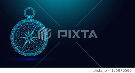 Low poly wireframe magnetic compass on dark blue background. 135976590