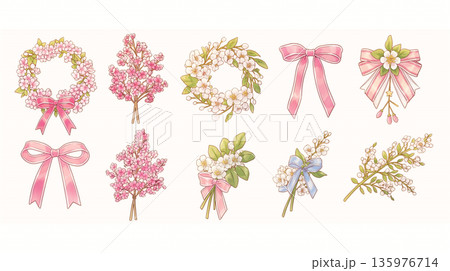 春の花のリース素材集、フレーム枠、植物装飾、ナチュラルデザイン、イラスト素材、フローラル 135976714