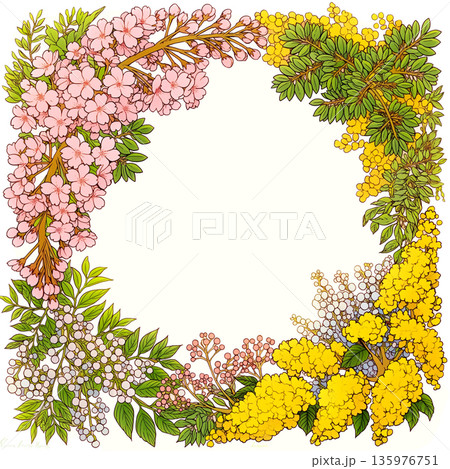 春の花束フレーム、リース風植物イラスト、装飾枠素材、植物の輪、ナチュラルボタニカル、春モチーフ 135976751
