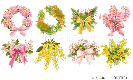 春の花束フレーム、リース風植物イラスト、装飾枠素材、植物の輪、ナチュラルボタニカル、春モチーフ 135976753
