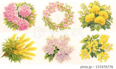 花のリース素材集、春の花の飾り枠、フローラルデザイン、植物のイラスト枠、春イメージ素材、かわいい装飾 135976776
