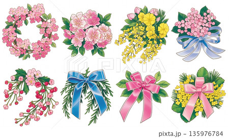 春の花のボタニカルフレーム、花束リース、植物素材、リボン付きイラスト、春らしい装飾、可愛い花の背景 春の花のボタニカルフレーム、花束リース、植物素材、リボン付きイラスト、春らしい装飾、可愛い花の背景 135976784