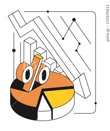 Isometric pie chart with falling chart with an arrow indicating direction of trend. Contrast design with thin outline 3D vector isolated on white background 135976811