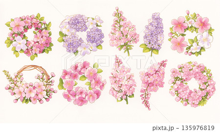 春のボタニカルリース、植物とリボンのイラスト、フローラルフレーム素材、春の飾り枠、ナチュラルな装飾 135976819