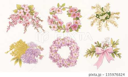 春のボタニカルリース、植物とリボンのイラスト、フローラルフレーム素材、春の飾り枠、ナチュラルな装飾 135976824