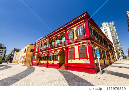 Building view of the Macao Central Library at the Tap Seac Square in St. Lazarus District, Macau.  135976850