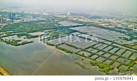 Aerial view of mangroves, a natural residential fortress, Jakarta Bay, Indonesia Aerial view of mangroves, a natural residential fortress, Jakarta Bay, Indonesia 135976941