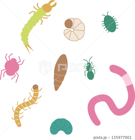 かわいい土の中の虫イラスト・白バック かわいい土の中の虫イラスト・白バック 135977001