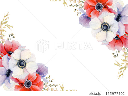 Floral wedding invitation template with white and pastel purple poppies. Anemone wildflowers horizontal banner with copy space. Romantic spring holidays design Floral wedding invitation template with white and pastel purple poppies. Anemone wildflowers horizontal banner with copy space. Romantic spring holidays design 135977502