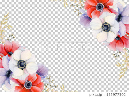 Floral wedding invitation template with white and pastel purple poppies. Anemone wildflowers horizontal banner with copy space. Romantic spring holidays design Floral wedding invitation template with white and pastel purple poppies. Anemone wildflowers horizontal banner with copy space. Romantic spring holidays design 135977502