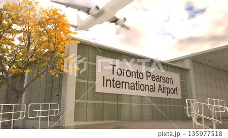 Toronto Pearson International Airport sign on terminal building with autumn tree and airplane, Toronto, Canada 3D rendering Toronto Pearson International Airport sign on terminal building with autumn tree and airplane, Toronto, Canada 3D rendering 135977518