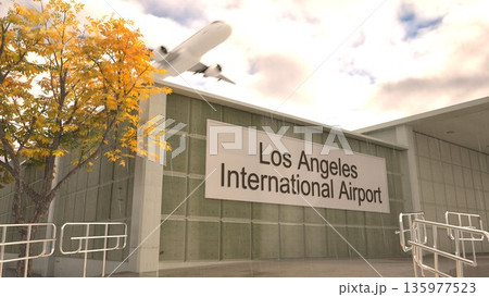 Los Angeles International Airport sign on terminal building with autumn tree and airplane, Los Angeles, United States 3D rendering Los Angeles International Airport sign on terminal building with autumn tree and airplane, Los Angeles, United States 3D rendering 135977523