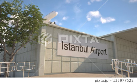 Istanbul Airport entrance sign and airplane passing above on a summer day, Istanbul, Turkey 3D rendering Istanbul Airport entrance sign and airplane passing above on a summer day, Istanbul, Turkey 3D rendering 135977525