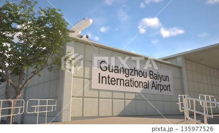 Guangzhou Baiyun International Airport entrance sign and airplane passing above on a summer day, Guangzhou, China 3D rendering 135977526