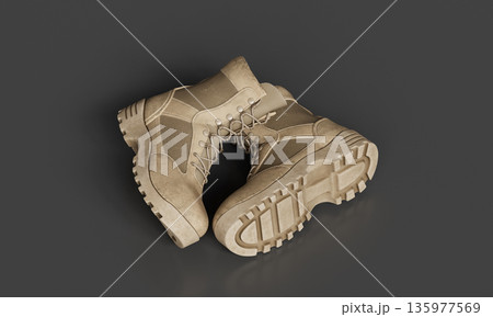 Tan Leather Military Combat Boots. 3D Rendering. 135977569