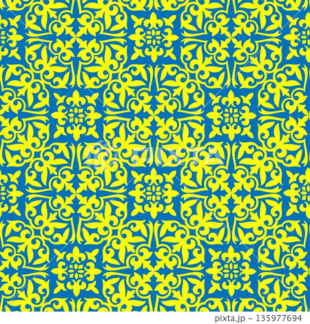 Seamless pattern tile in oriental style. Blue and yellow background. Geometric background. Moroccan azulejo pattern, majolica tile,Talavera, Damask, Mediterranean ceramic, patchwork Seamless pattern tile in oriental style. Blue and yellow background. Geometric background. Moroccan azulejo pattern, majolica tile,Talavera, Damask, Mediterranean ceramic, patchwork 135977694
