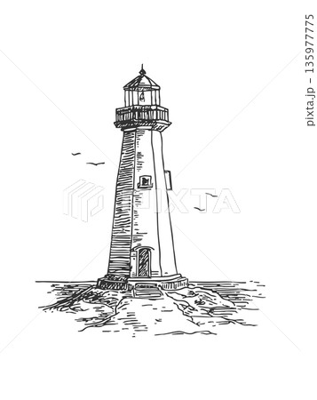 Hand drawn lighthouse vector line art illustration in minimal ink style Hand drawn lighthouse vector line art illustration in minimal ink style 135977775
