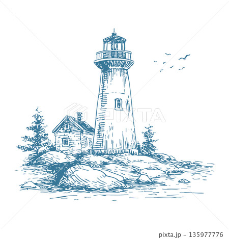 Antique lighthouse engraving vector illustration for travel and heritage design Antique lighthouse engraving vector illustration for travel and heritage design 135977776