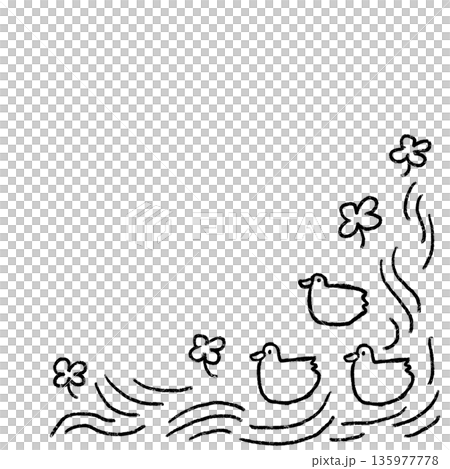 單色線條畫,描繪了小鴨和三葉草,可用於兒童公告和信件。 單色線條畫,描繪了小鴨和三葉草,可用於兒童公告和信件。 135977778
