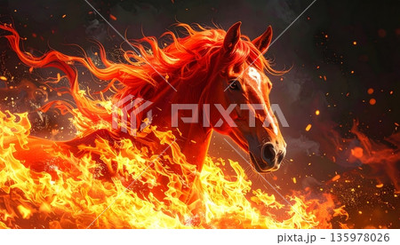 Beautiful illustration of a horse on a red background in a Chinese style. Beautiful illustration of a horse on a red background in a Chinese style. 135978026