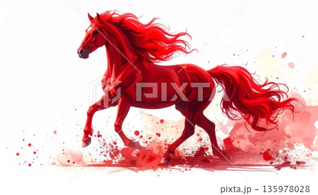 Beautiful illustration of a horse on a red background in a Chinese style. 135978028