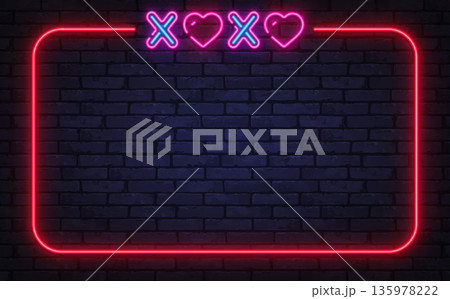 Neon XOXO frame with heart symbols on brick background. Bright contrast expresses dating choices, emotions, or decision concepts. Neon XOXO frame with heart symbols on brick background. Bright contrast expresses dating choices, emotions, or decision concepts. 135978222