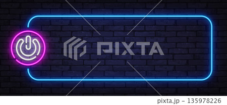 Neon power button icon with blue glowing frame on dark wall. Modern tech style represents start, control, or system activation. 135978226